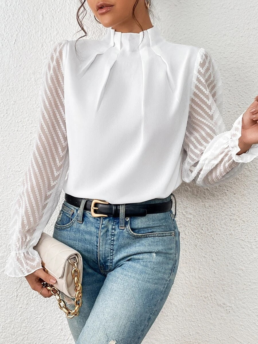 Mock Neck Chiffon Blouse Lace Sleeve Elegant Work Top