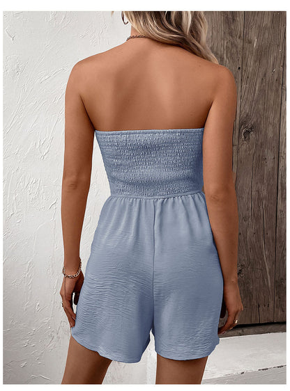 Solid Smocked Tube Romper Button Tie Waist