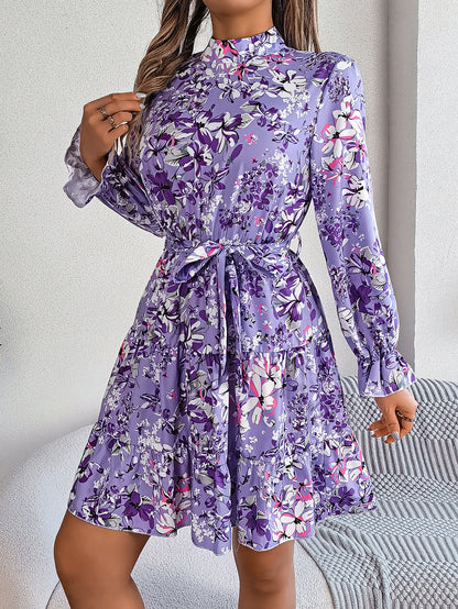 Elegant Floral High Neck Ruffle Waist A-Line Dress