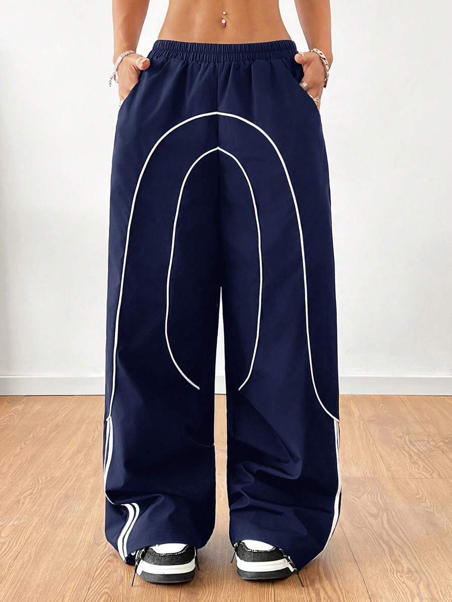 Women Baggy Wide Leg Pants Contrast Trim Low Rise Y2K