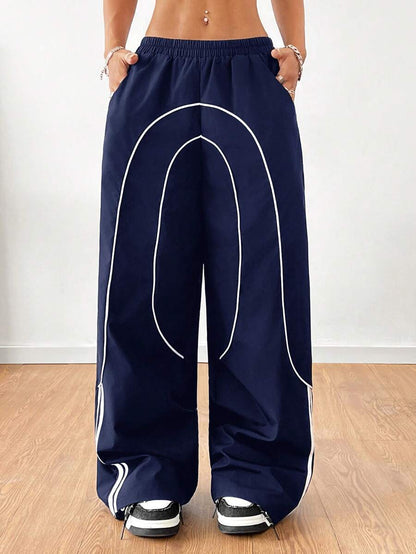 Women Baggy Wide Leg Pants Contrast Trim Low Rise Y2K