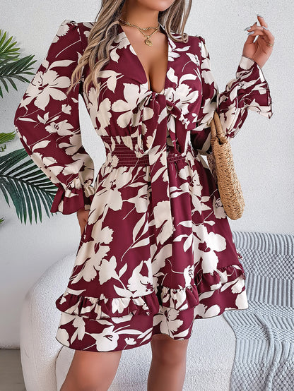 Floral V Neck Long Sleeve Ruffle Mini Dress