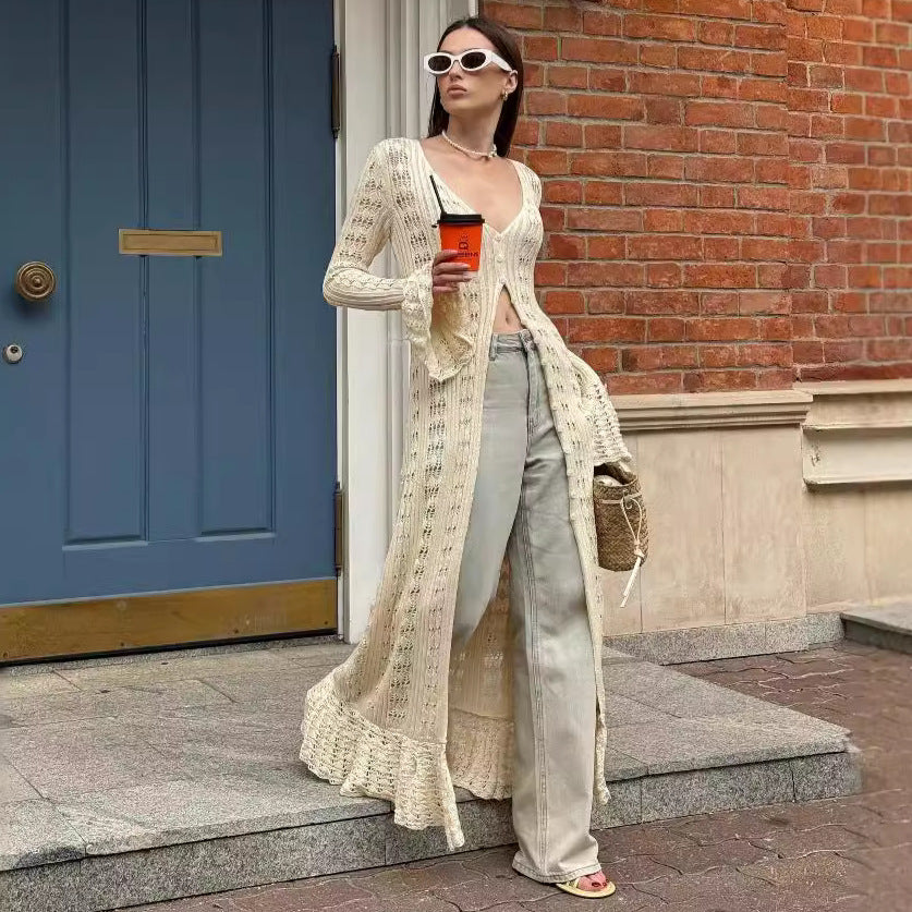 Crochet Maxi Cardigan Bell Sleeve Duster Beach Cover Up
