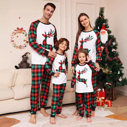 Parent-child Plaid Deer Print Crew Neck Christmas Pajama Set