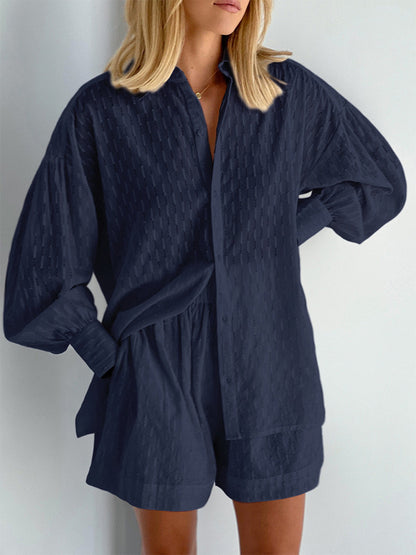 Women Textured Cotton Shirt Shorts Matching Set