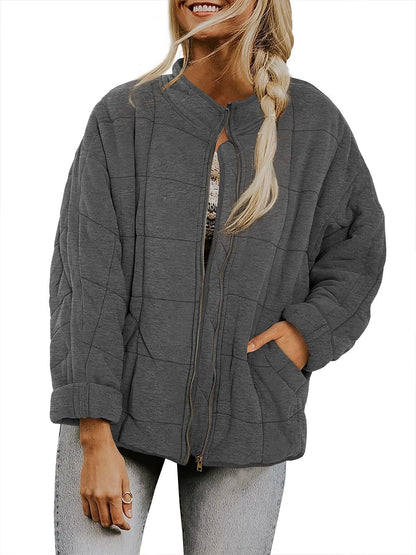 Womens Oversized Quilted Jacket Zip Up Stand Collar