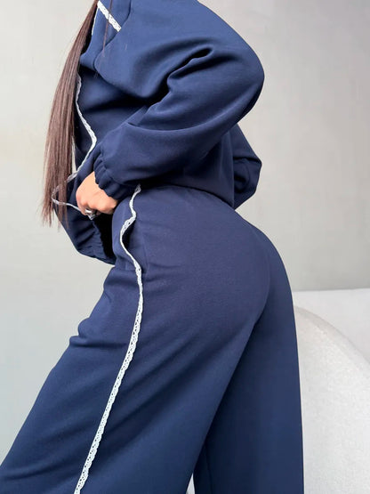 Women's Oversized Crop Zip Lace Jogger Two Piece Set