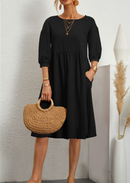 Cotton Linen Balloon Sleeve Midi Dress Pockets