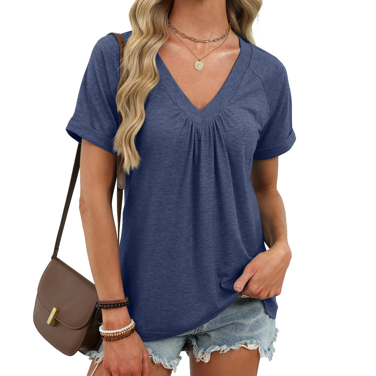 Women's V Neck Pleated Loose Short Sleeve Tunic Tee