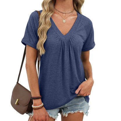 Women's V Neck Pleated Loose Short Sleeve Tunic Tee