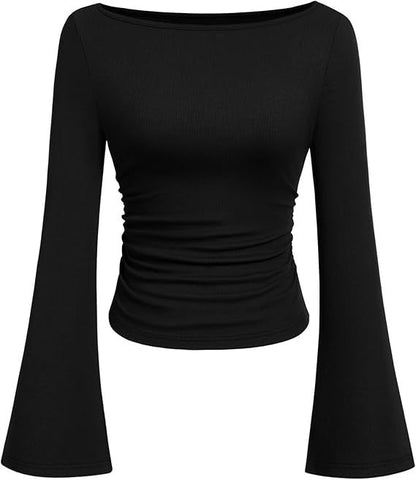 Women's Ruched Boat Neck Bell Sleeve Ribbed Top