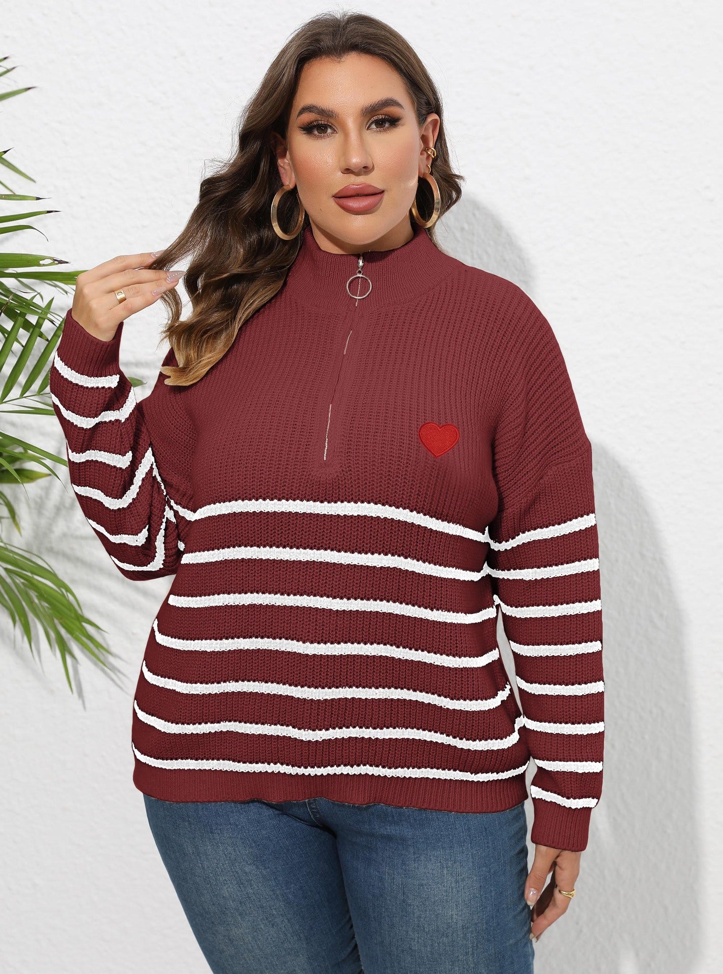 Women's Striped Splicing Love Zipper Pullover Sweater