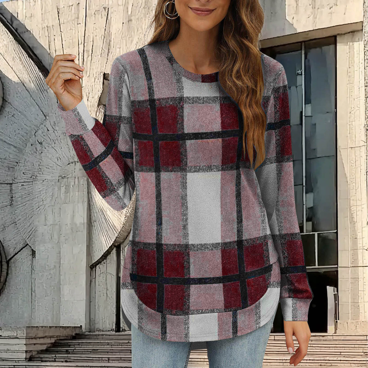 Women's Plaid Oversized Long Sleeve Crew Neck Tunic Top
