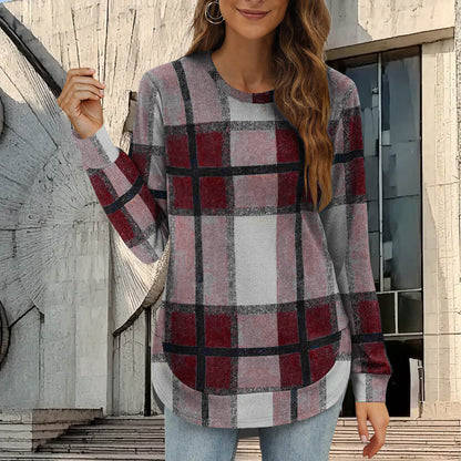 Women's Plaid Oversized Long Sleeve Crew Neck Tunic Top