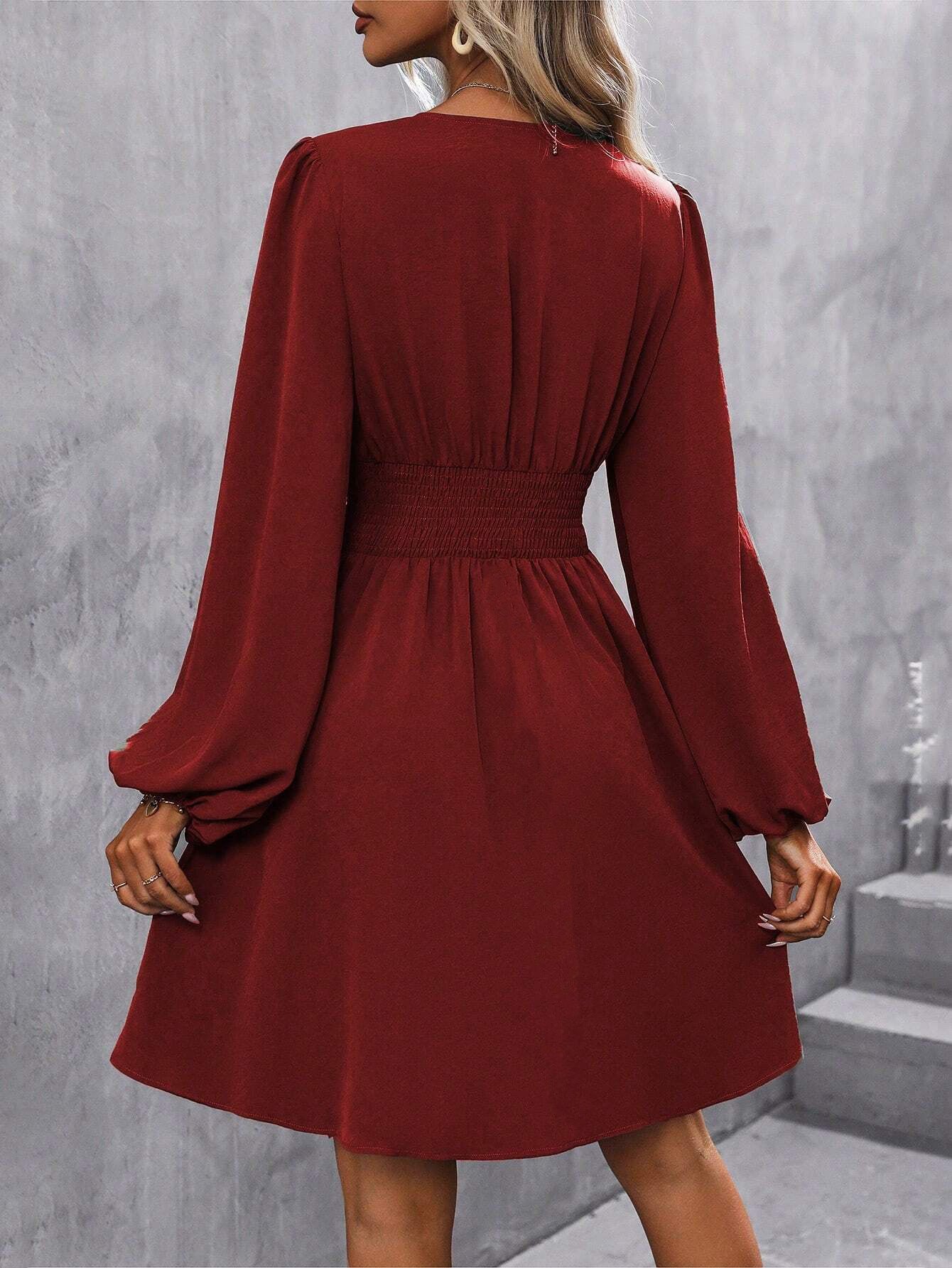 Women's V-Neck Balloon Sleeve Ruched Waist A-Line Dress