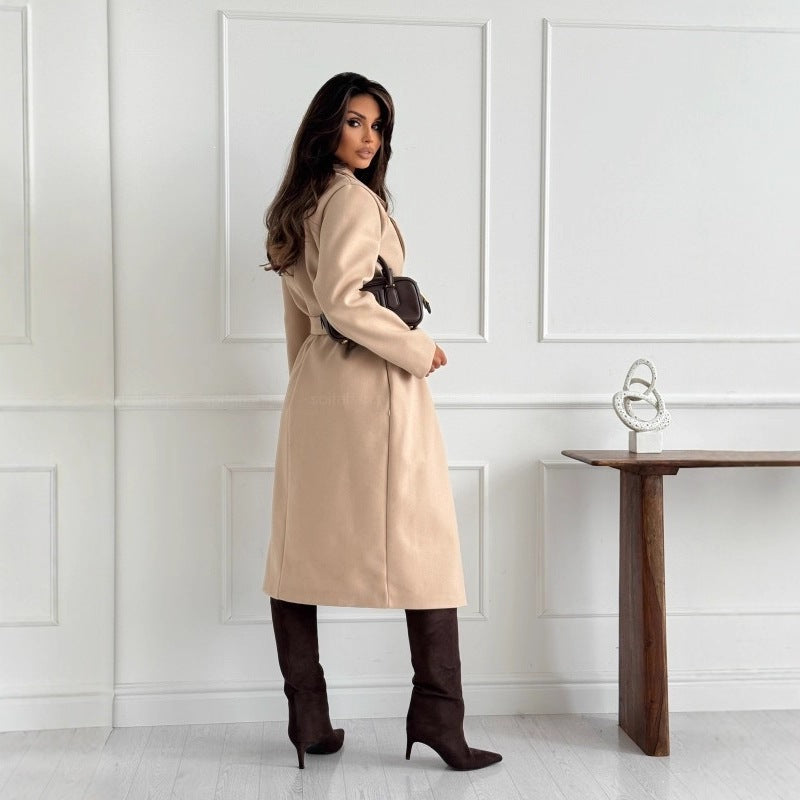 Women's Elegant Belted Long Coat Lapel Fall Winter