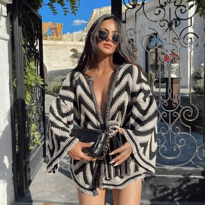Women's Chevron Striped Belted Knit Cardigan Sweater