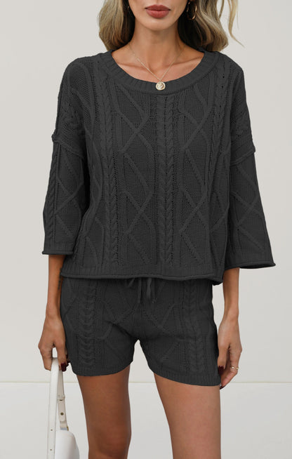 Cable Knit Shorts Set Summer Oversized Two Piece