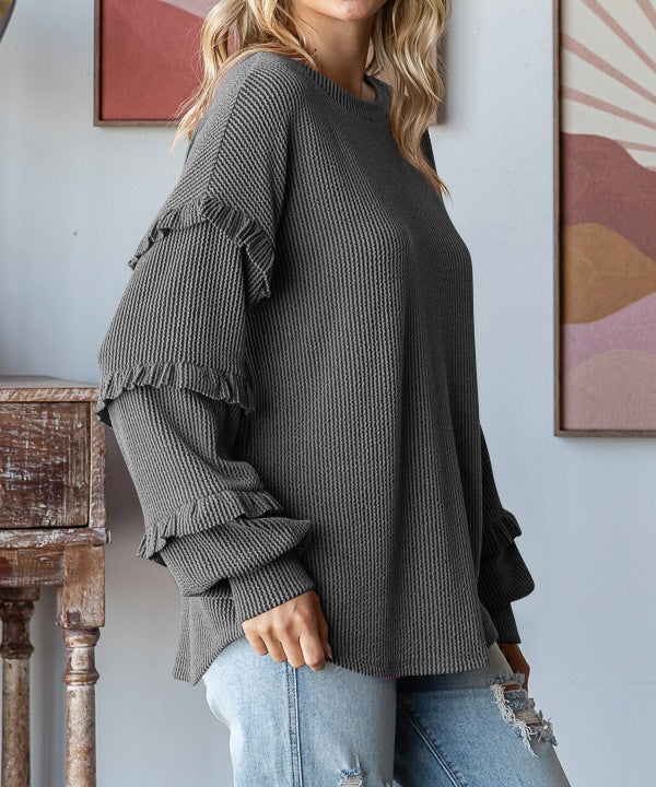 Lantern Sleeve Lace Round Neck Top