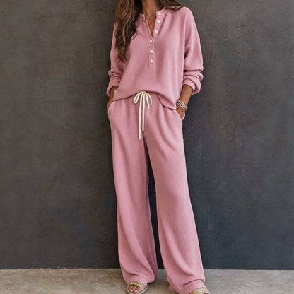 Waffle Knit Two Piece Lounge Set Wide Leg Pants
