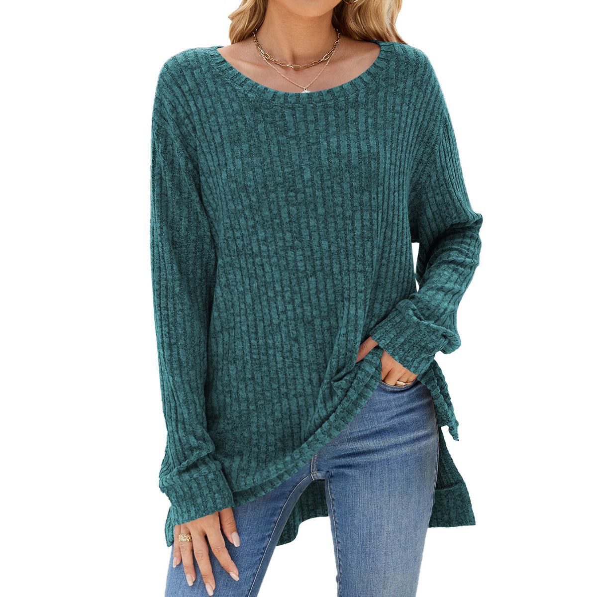 Women's Oversized Ribbed Long Sleeve Side Slit Tunic Top