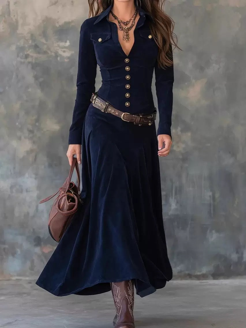 Velvet Western Maxi Shirt Dress Button Front Long Sleeve