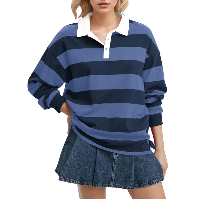 Women's Oversized Striped Polo Shirt Long Sleeve
