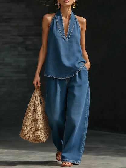Women's Denim Halter Wide Leg Jeans Matching Set