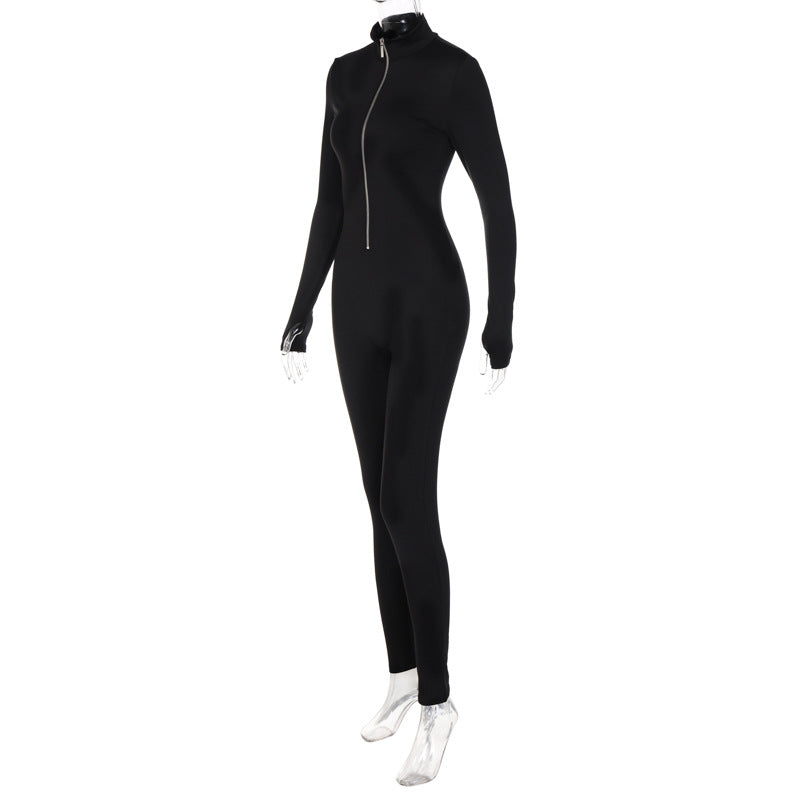 Zip Front Bodycon Jumpsuit Long Sleeve High Waist Yoga