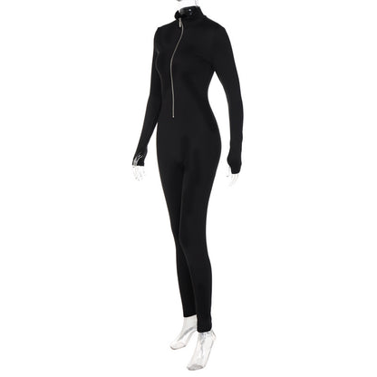 Zip Front Bodycon Jumpsuit Long Sleeve High Waist Yoga