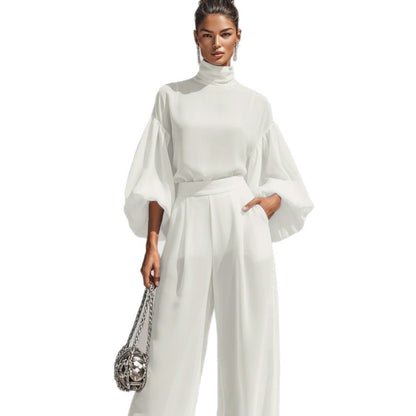 Women's Lantern Sleeve Blouse Wide Leg Pants Two Piece Set