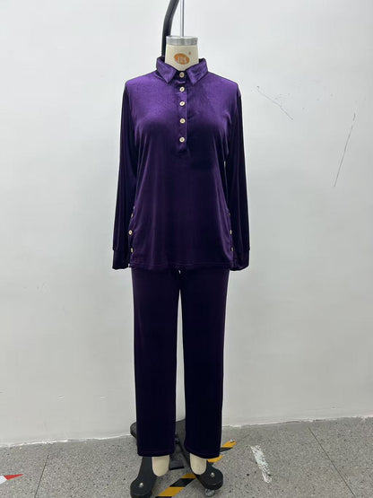 Women's Velvet Lounge Set Button Top & Wide Leg Pants