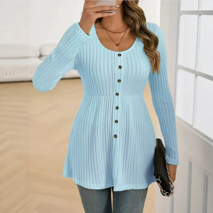 Women's Ribbed Button Front Scoop Neck Long Sleeve Tunic