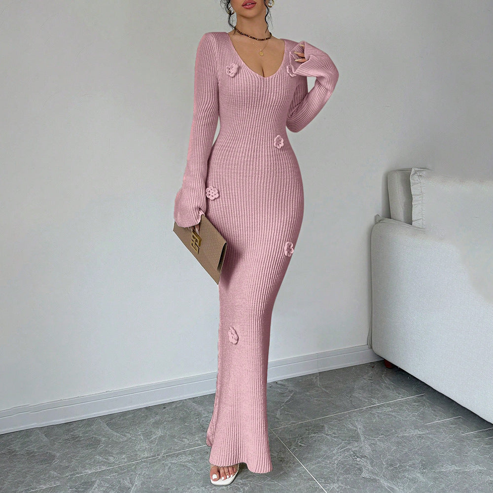 Sexy V Neck Ribbed Knit Bodycon Maxi Dress 3D Floral