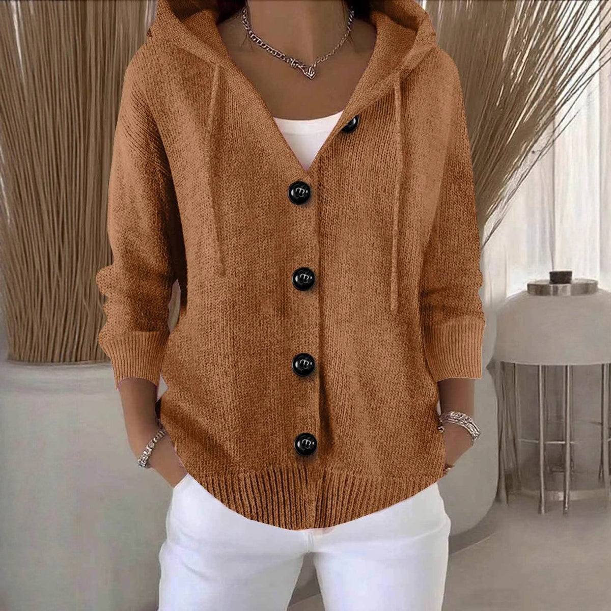 Hooded Button Knit Cardigan Long Sleeve Sweater