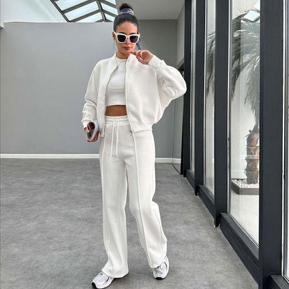 Women's Fleece Lined Zip Up Jacket Wide Leg Pants Set
