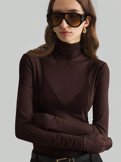 Solid Mesh Turtleneck Top Long Sleeve Fitted Blouse