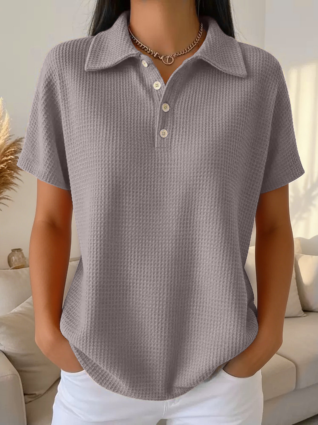 Women's Oversized Waffle Knit Polo Shirt Long Sleeve Top