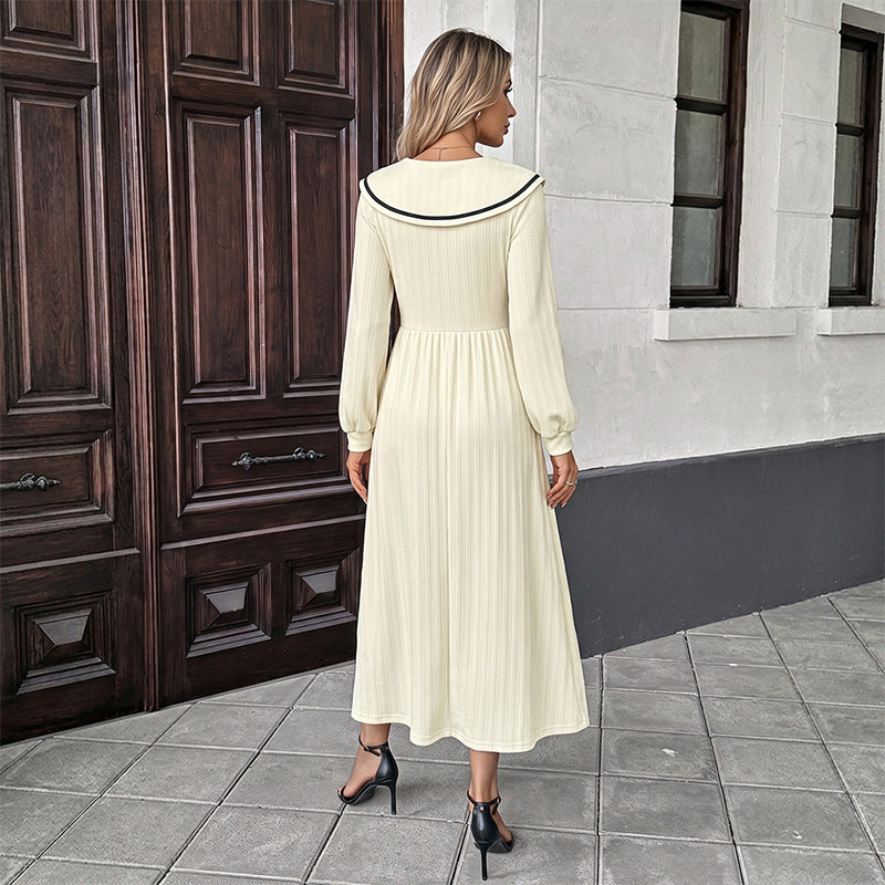Solid Contrast Trim Sailor Collar Button Midi Dress