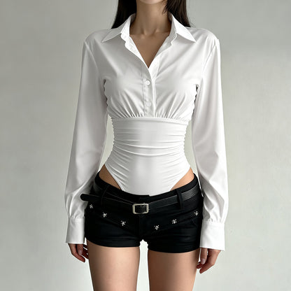 Women's Long Sleeve Collared Bodysuit Slim Fit Workwear