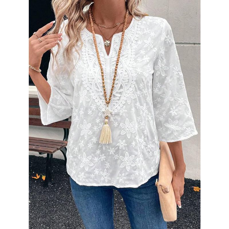 Women's Floral Embroidered Lace V Neck 3/4 Sleeve Blouse