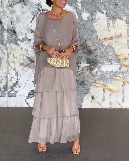 Women's Chiffon Tiered Maxi Dress Batwing Sleeve