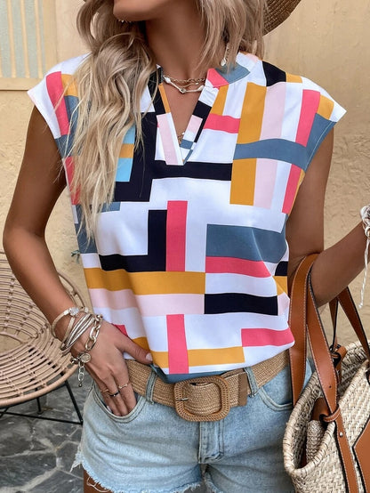 Geometric Print V-Neck Batwing Sleeve Blouse