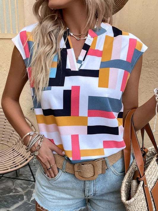 Geometric Print V-Neck Batwing Sleeve Blouse
