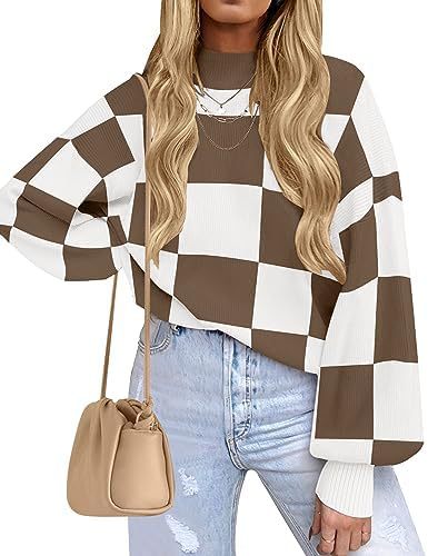 Women's Checkered Mock Neck Balloon Sleeve Sweater