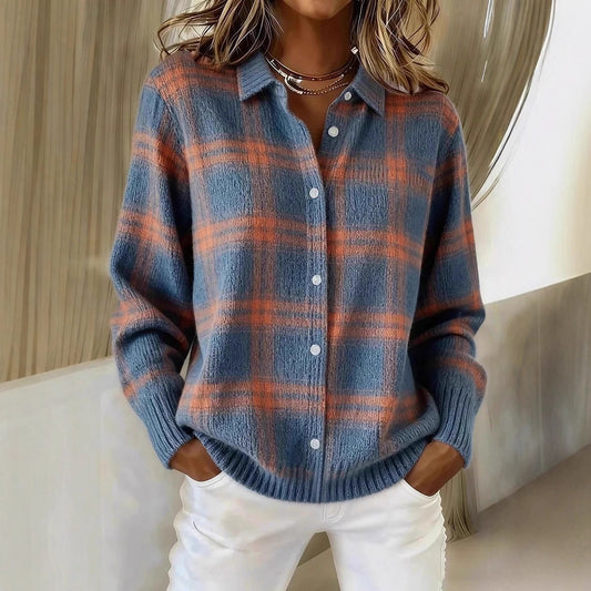 Plaid Collared Button Front Knit Cardigan