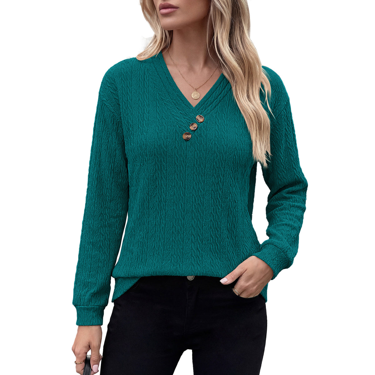 Women's V Neck Button Long Sleeve Textured Casual Blouse