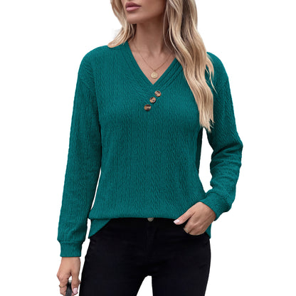 Women's V Neck Button Long Sleeve Textured Casual Blouse
