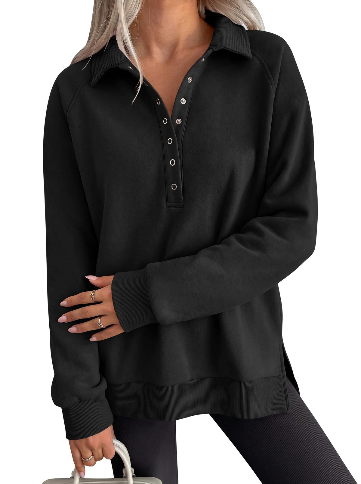 Women's Oversized Collared Button Pullover Sweatshirt