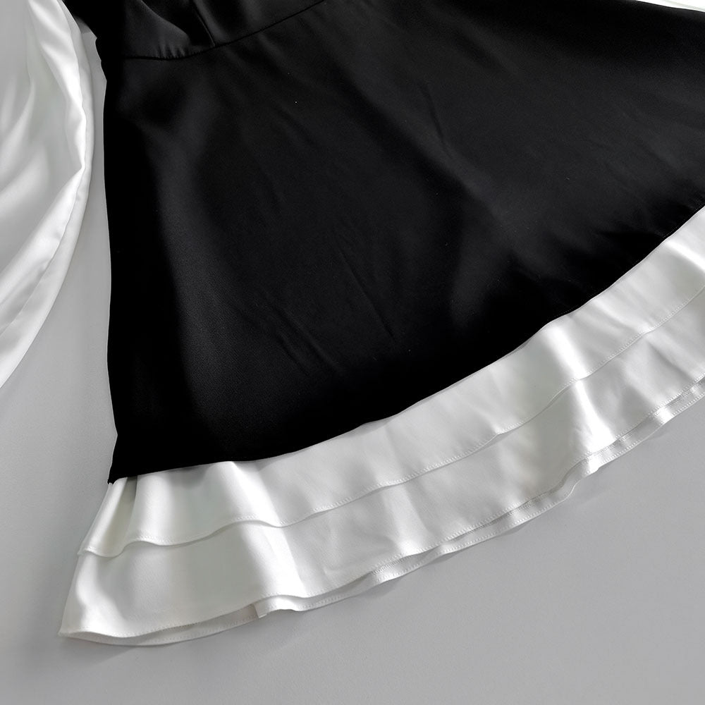 Black White Square Neck Puff Sleeve Ruffle A-Line Dress